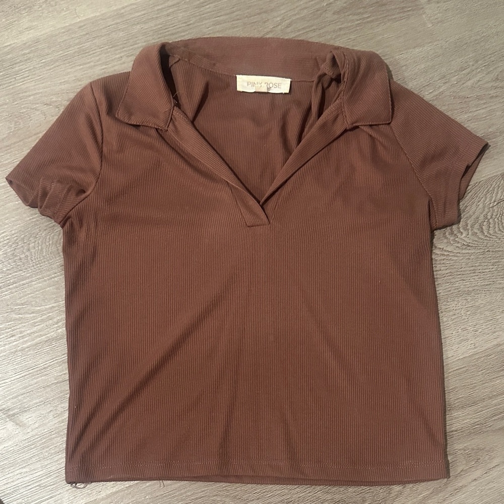 Pink Rose Brown Collared Crop Top size large